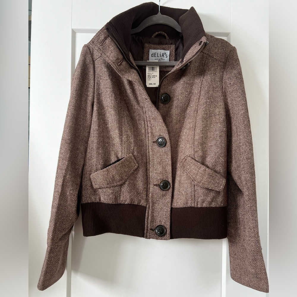Delias Wool Ronnie Herring Brown Bomber Jacket NWT! dELiA*S - Picture 5 of 12